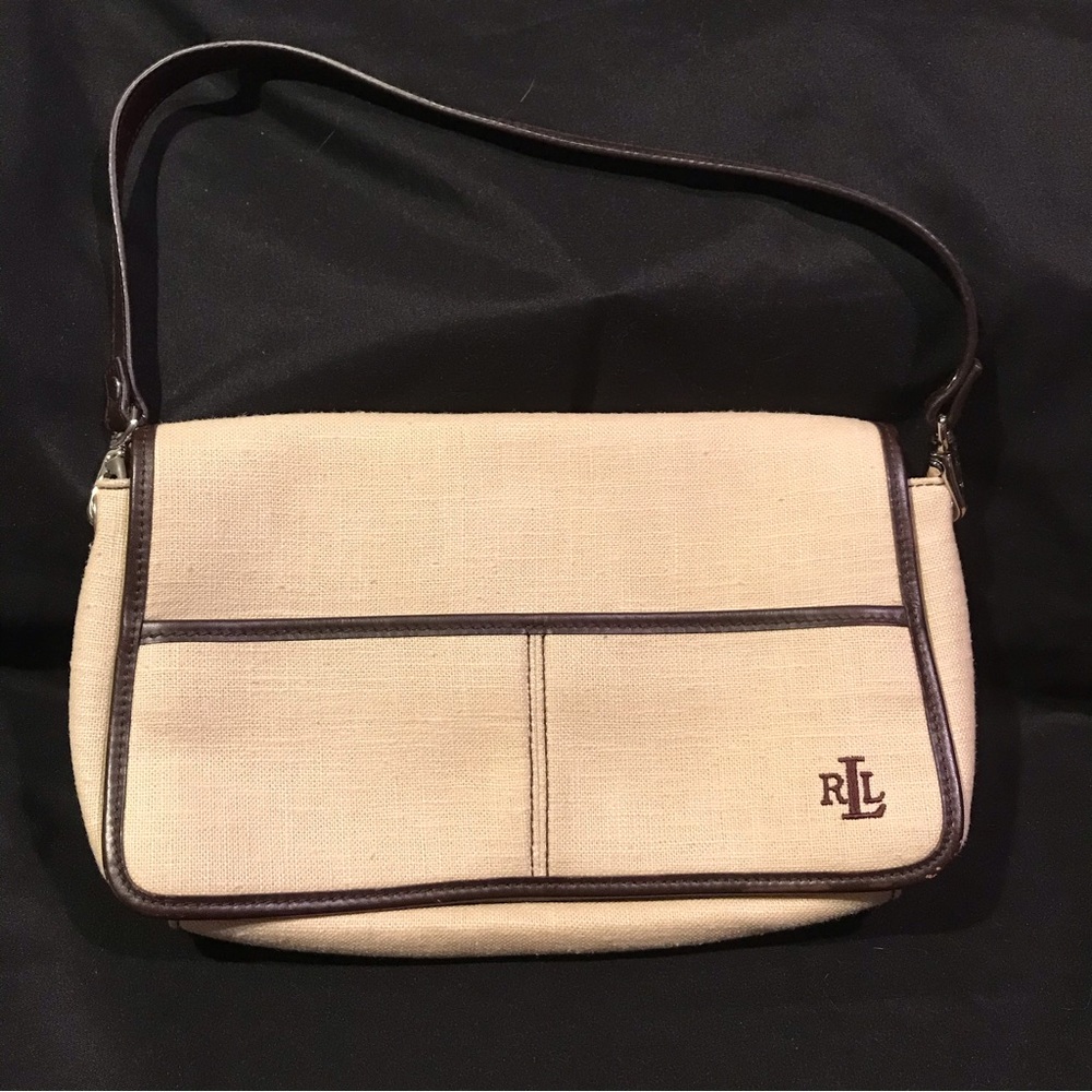 Ralph Lauren Purse - Shoulder, 12”x7”x3”, cream and brown, multiple pockets.